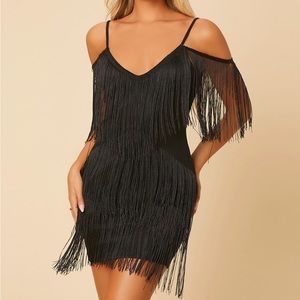 SHEIN Petite black cold shoulder fringe dress